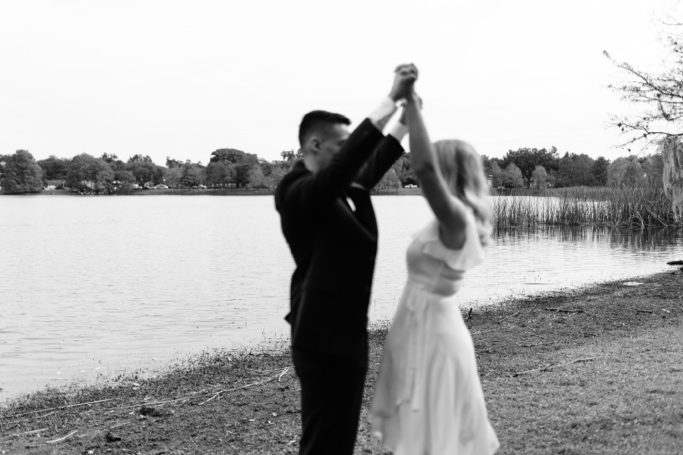 black and white photo of Couple at Cherokee lake in Orlando after wedding 